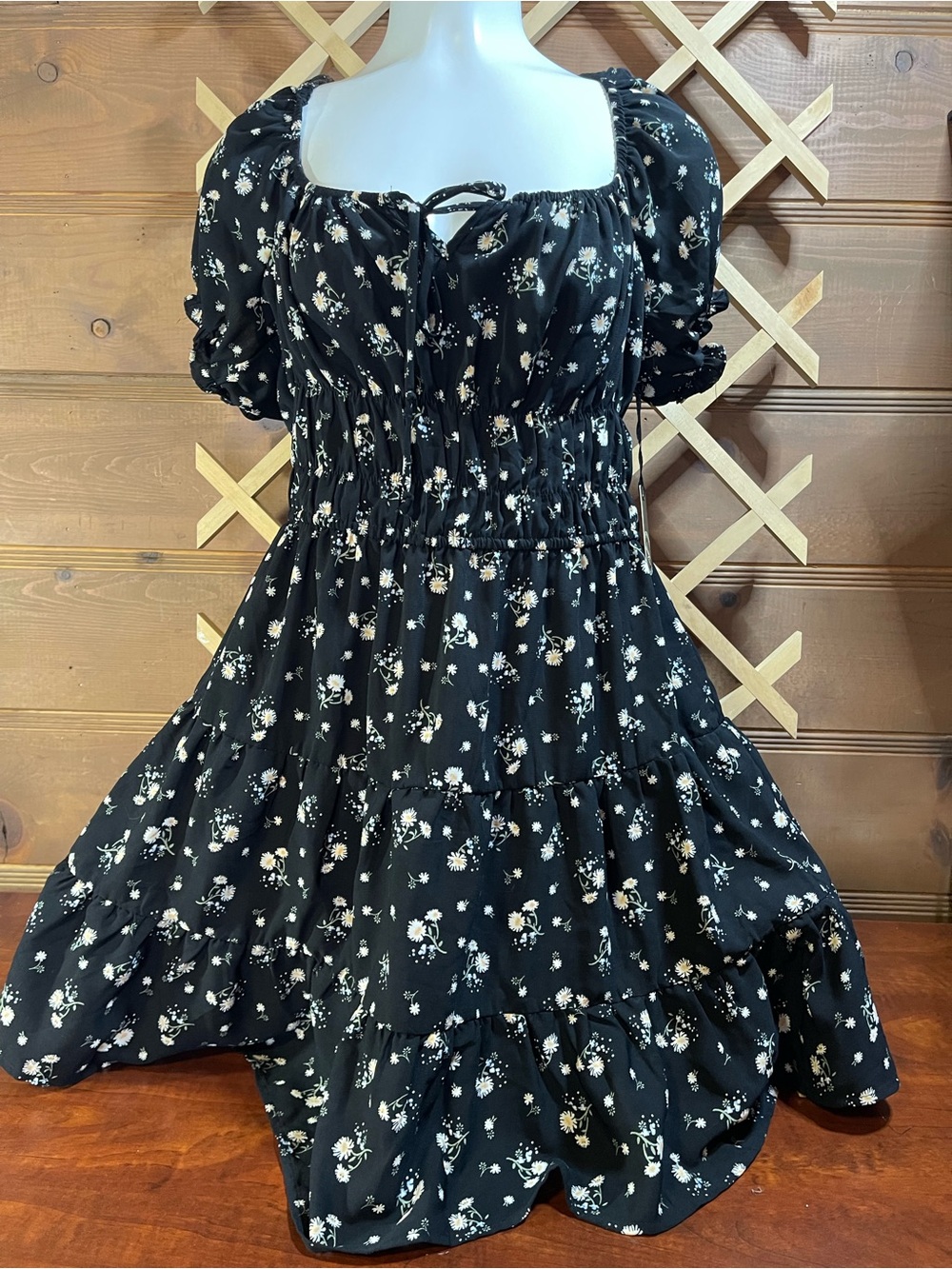 NWT Liberty Love Milkmaid style Black Smocked Dress with Yellow & White Daisys